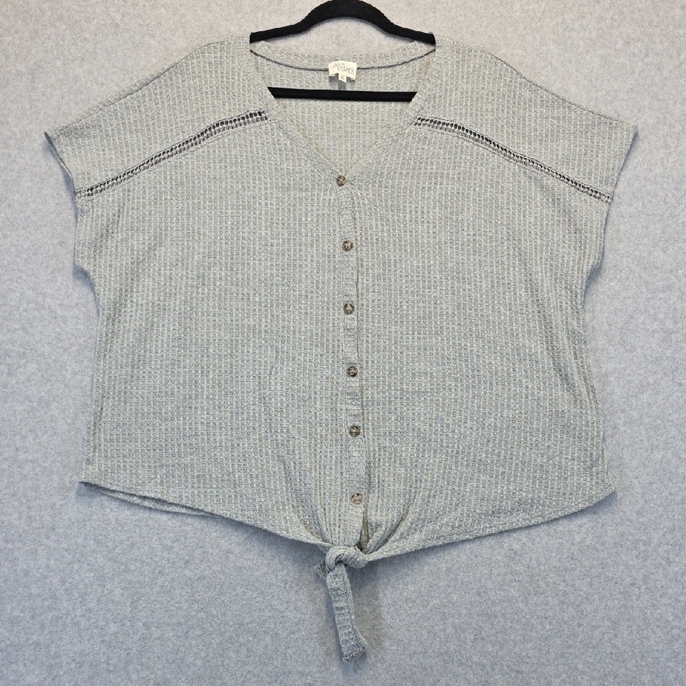 Ava James Grey Waffle Knit Button Front Tie Hem Top –